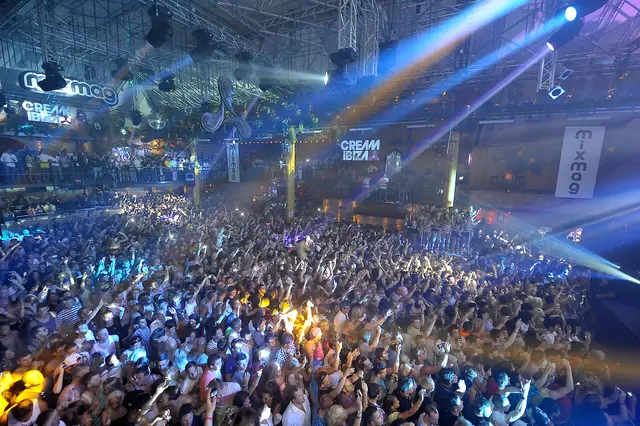 A packed dance floor under the lights at Amnesia