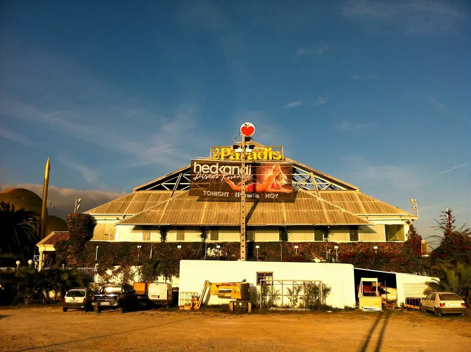 The pyramid roof of Es Paradís in Sant Antoni at dusk