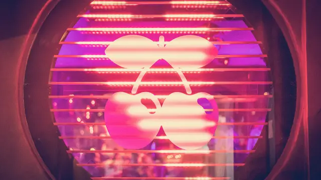 The Pacha cherries logo glowing inside the club
