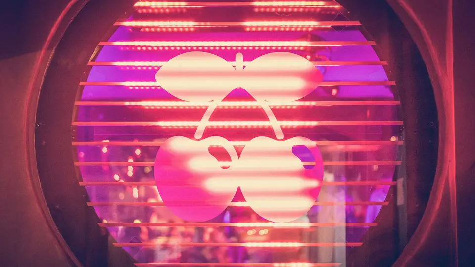 The Pacha cherries logo glowing inside the club