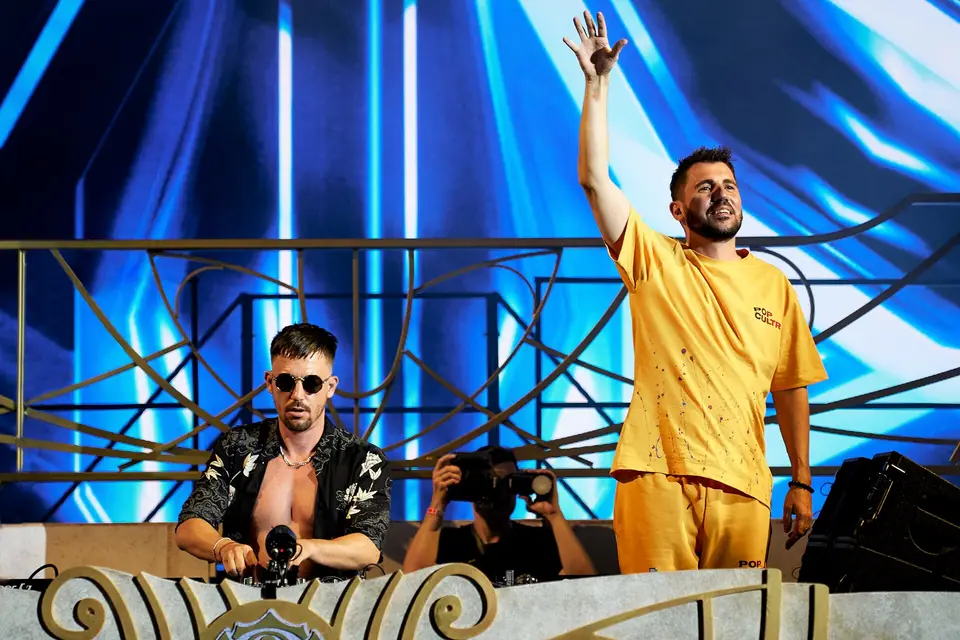 DJs on the main stage at Ushuaïa Ibiza during an evening show
